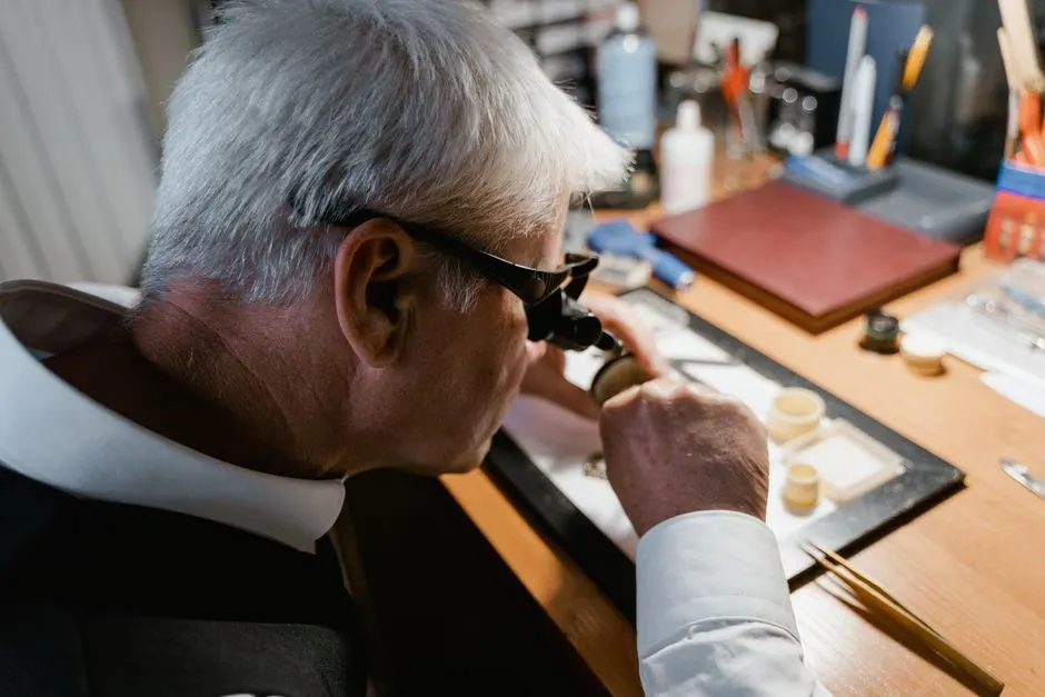 Jeweller inspecting a diamond with a loupe at the workbench