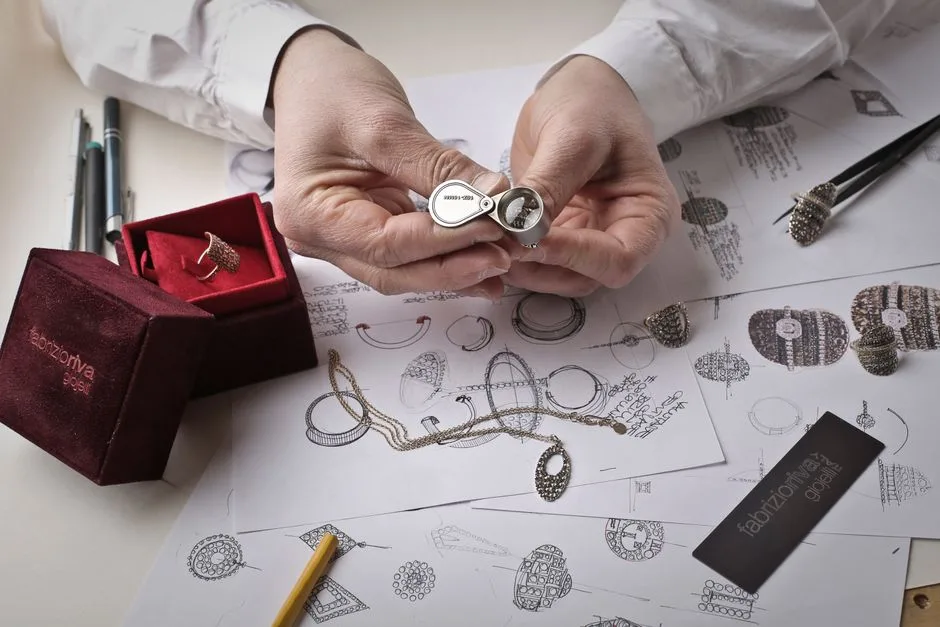 Jeweller examining a diamond through a loupe at the bench