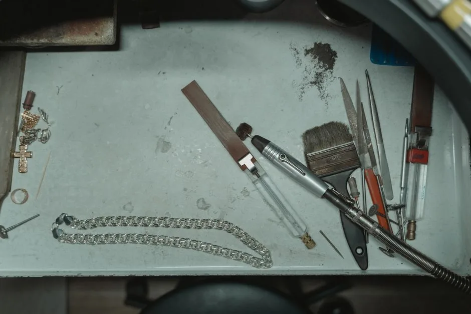 Jewellery workshop bench with setting tools mid-work