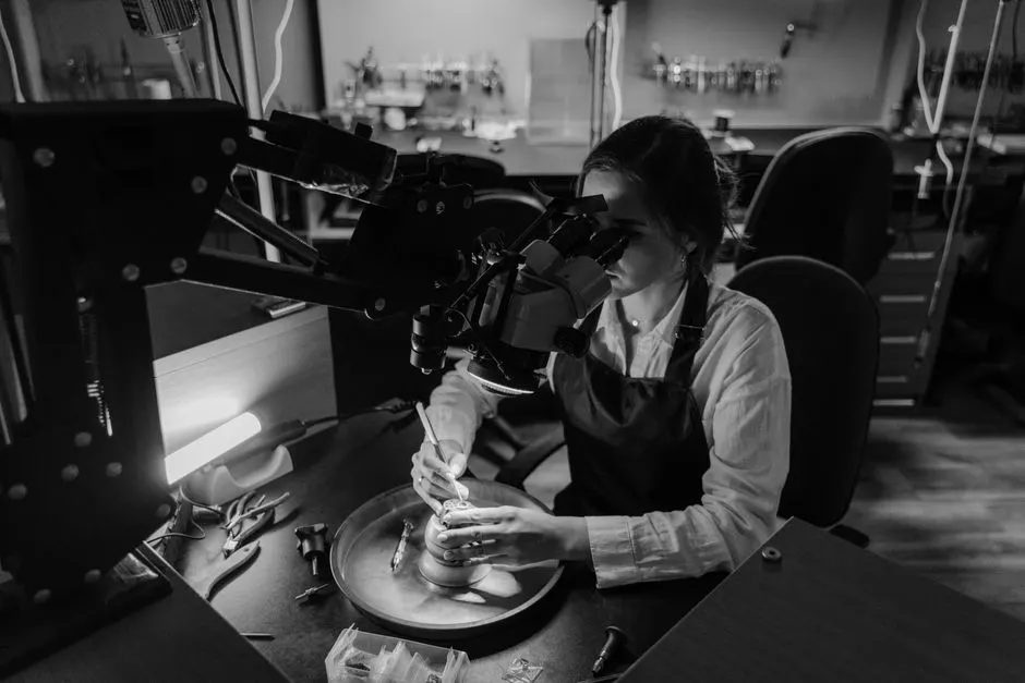 Loose lab grown diamonds spread out for sorting on a dark surface